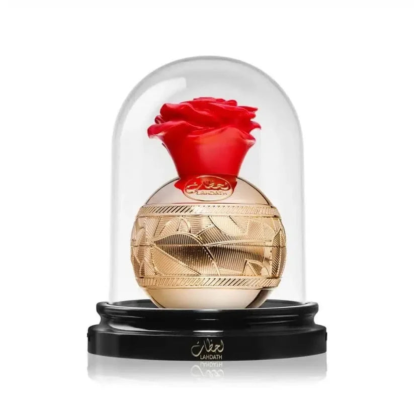 Lattafa Pride Lahdath 100ml Eau De Parfum gold rose bottle under glass dome