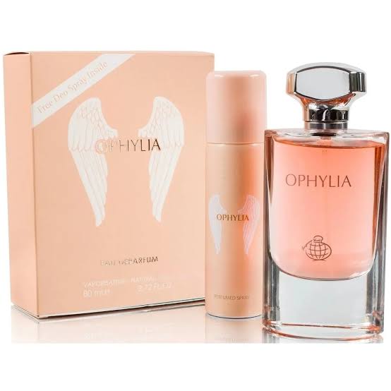Fragrance World Ophylia EDP gift set — blush pink bottle with silver cap alongside matching body spray and angel-wing gift box