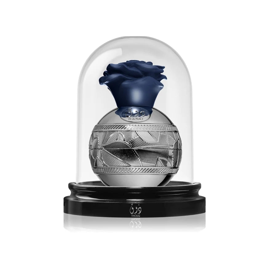 Lattafa Pride Thouq 100ml Eau De Parfum silver bottle with midnight blue rose under glass dome