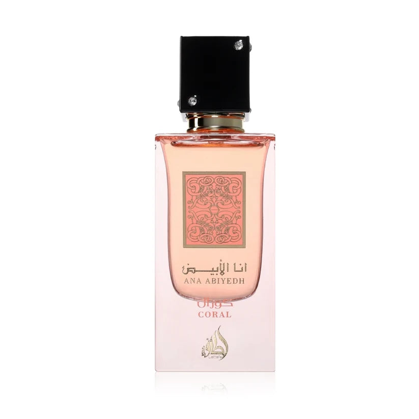 Lattafa Ana Abiyedh Coral 60ml Eau De Parfum blush coral bottle with black cap and ornate medallion