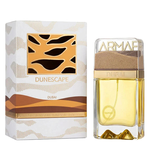 Armaf Dunescape Dubai 100ml Eau De Parfum clear bottle with sand dune cap and golden juice with box
