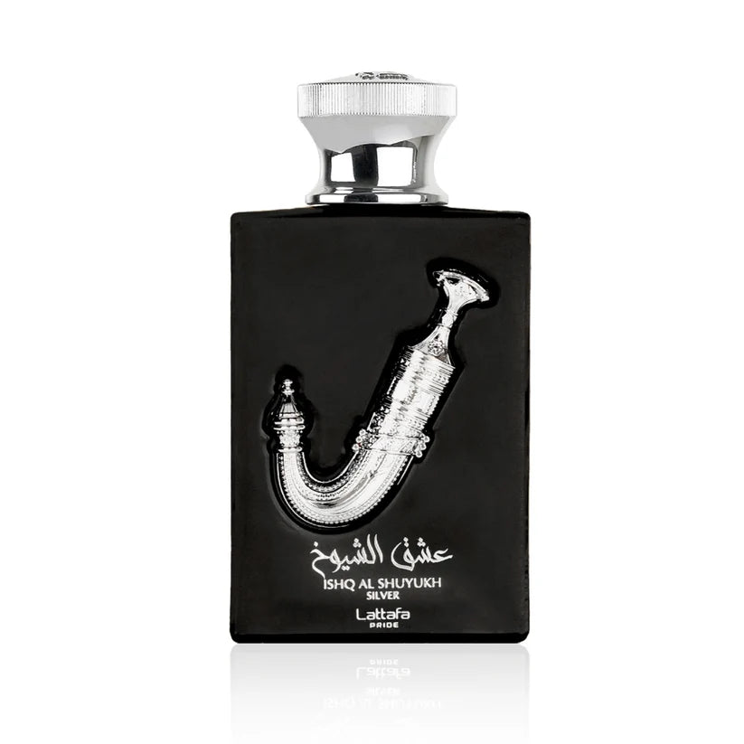 Lattafa Pride Ishq Al Shuyukh Silver 100ml Eau De Parfum jet black bottle with silver khanjar dagger emblem