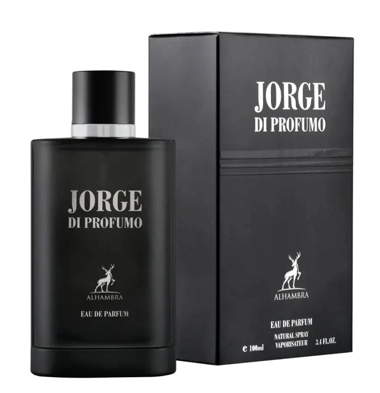 Maison Alhambra Jorge Di Profumo EDP — matte black bottle with silver lettering alongside matching black gift box
