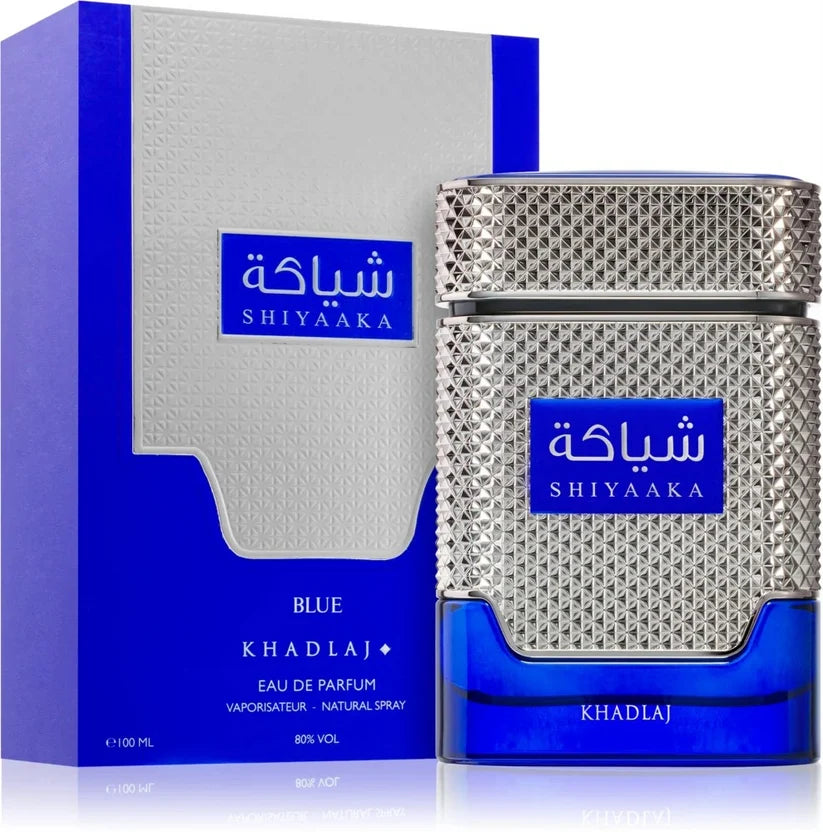 Khadlaj Shiyaaka Blue 100ml Eau De Parfum diamond-cut silver and blue bottle with box