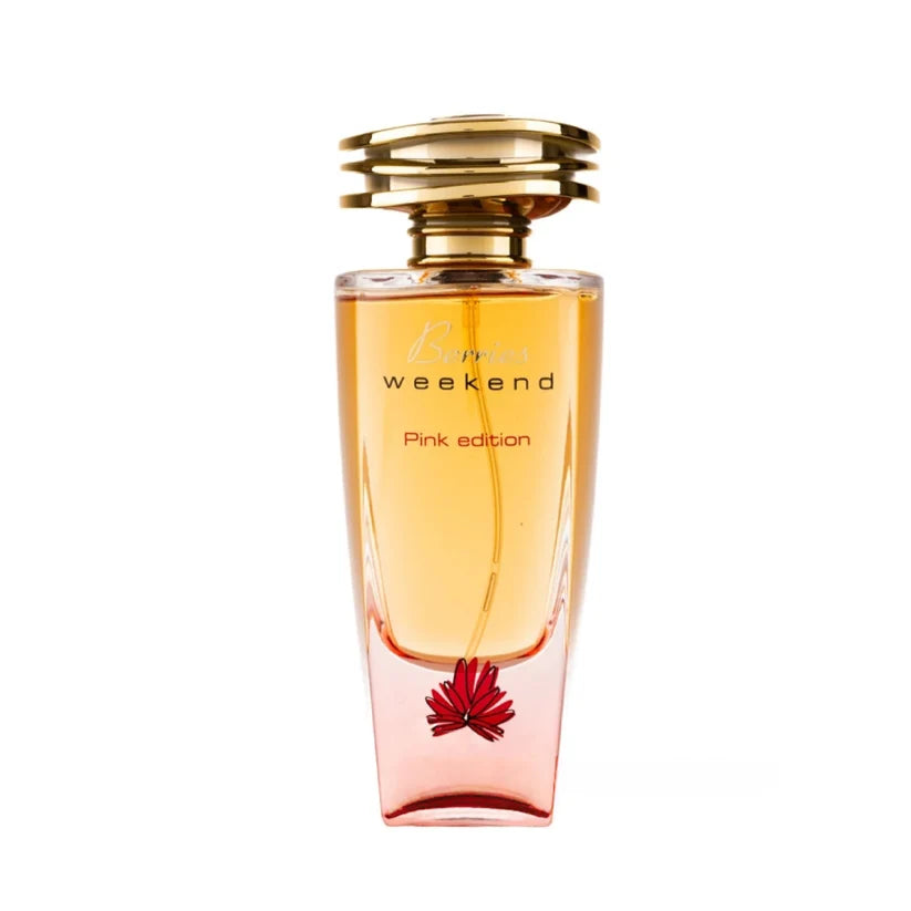 Fragrance World Berries Weekend Pink Edition bottle — warm amber liquid with a gold cap and a red floral emblem at the base