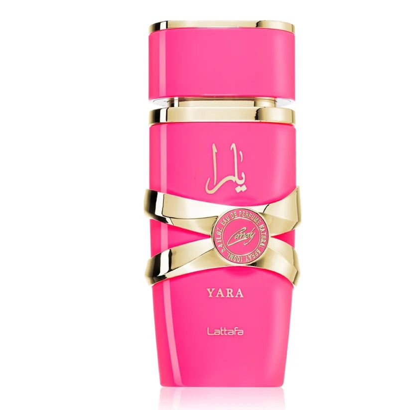 Lattafa Yara Candy 100ml Eau De Parfum hot pink bottle with gold X-band and medallion